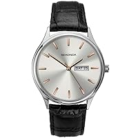 Sekonda Black Leather Silver and Rose-Gold Dial Strap Watch 1686