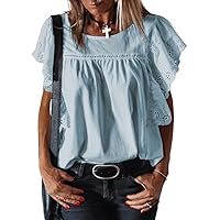 SHEWIN Women's Summer Tops Dressy Casual Crewneck Hollow Out Lace Embroidered Ruffle Short Sleeve Blouses Tshirts