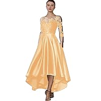 Elegant Scoop Neck Satin Mother of The Bride Dress Tea Length Lace Formal Wedding Guest Dresses 3/4 Sleeve