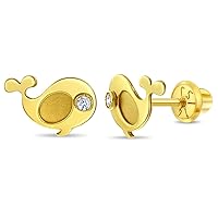 14k Yellow Gold Tiny Polished Whale Screwback Earrings With Clear Cubic Zirconia For Toddlers and Little Girls - Beautiful Ocean Live Earrings For Girls - Accessories for Sea Lovers