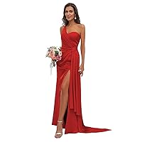 One Shoulder Bridesmaid Dresses for Women Satin Sleeveless Pleated Long Prom Dresses Formal Evening Gowns with Slit