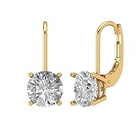 4Ct Brilliant Round Cut - Drop Dangle Earrings - Clear Simulated Diamond - 14K Yellow Gold - Lever Back