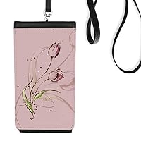 Hand Painted Tulip Pink Flower Plant Phone Wallet Purse Hanging Mobile Pouch Black Pocket