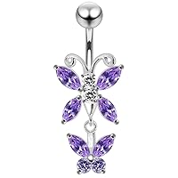 CZ Gemstone Stylish Double Butterfly Dangling 925 Sterling Silver Belly Ring Body Jewelry