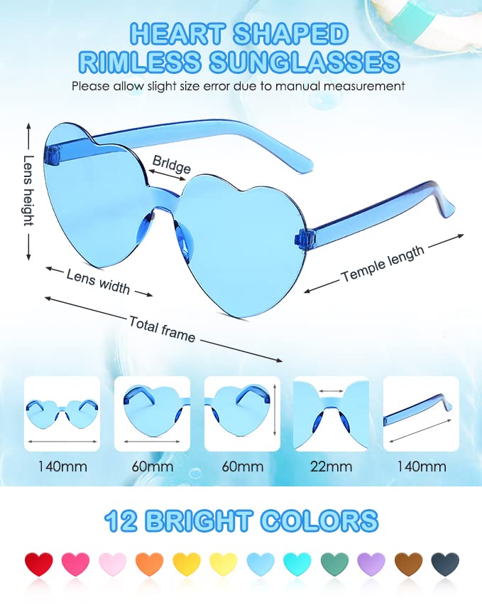 HEYTOP 12 Pack Heart Shaped Rimless Sunglasses Transparent Heart Glasses Fun Candy Color Frameless Eyewears Love Heart Sunglasses Pack for Party Favors