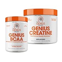 Genius BCAA Energy Powder, Power Orange, and Genius Micronized Creatine Monohydrate Powder, Unflavored, Nootropic Amino Acid Muscle Recovery and Post Workout Supplement Stack