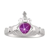 14K White Gold Claddagh Love, Loyalty & Friendship Ring with Heart 6MM Gemstone & Diamond Accent - Exquisite Claddagh Rings Birthstone Jewelry for Women - Available in Sizes 5-13