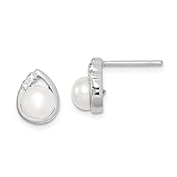 925 Sterling Silver Polished Rhodium 5mm Freshwater Cultured Pearl and Diamond Post Earrings Measures 9x7mm Wid Jewelry for Women