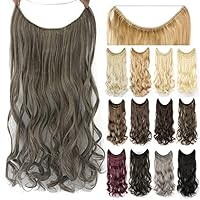 22'' 26'' Long Body Wavy Hair Extensions Fish Line Hairpiece Synthetic Invisible Secret Wire Headwear Flip Curly Hair Extension Pieces (26 Inch, Mixed Ash Grey)