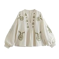 Cotton Embroidered Blouse Woman Long Lantern Sleeves V-Neck Top Female Blouses Spring Summer