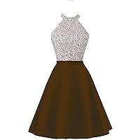 Women's Halter Neck Satin Sleeveless Cocktail Dress Backless Beaded Prom Gown Brown