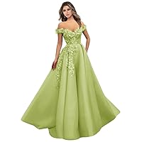 Off-The-Shoulder Prom Dress Mesh Tulle Sleeveless Long Applique Evening Gown 2023