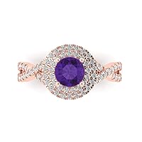 Clara Pucci 1.34ct Round Cut Solitaire halo Natural Amethyst Proposal Designer Wedding Anniversary Bridal accent ring 14k Rose Gold