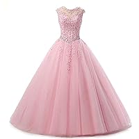 Women's Beaded Lace Quinceanera Dress Sheer Neck Sleeveless Sweet 16 Ball Gown Pink