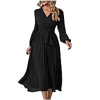 Womens Elegant Long Sleeve Dress Spring Solid V Neck Wrap Pleated Dress Ladies Sexy Tie Front Long Dresses for Work
