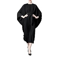 Womens Dresses Women's Silk Dress Pleated Long Sleeve Round Neck Loose Fit Holiday Dress
