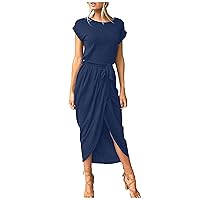 Full Spring Coktail College Dress Lady Short Sleeve Thin Scoop Neck Solid Dresses Fitted Lightweight Ruched Cocktail Women Navy