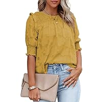 Dokotoo Womens Blouses Half Sleeve Shirred Tops Crewneck Lace Textured Flowy Casual Shirts