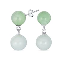 Classic Simple Gemstone Dangle Double Round Real Aegean Teal Blue Green Jade 2 Drop Ball Earrings for Women .925 Sterling Silver 10 mm