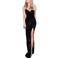 Women's Spaghetti Strap V Neck Dress Sparkly Glitter Sequin Dress Cocktail Party Maxi Dresses Evening Gown with Split