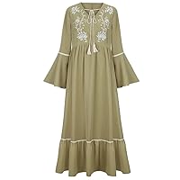 Ladies V-Neck Waist Tassel Embroidery Dubai Trumpet Sleeve Ruffle Skirt Robe Dress