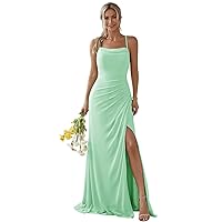 Women's Chiffon Bridesmaid Dresses for Wedding Spaghetti Strap Pleated A Line Formal Evening Gown with Slit U007