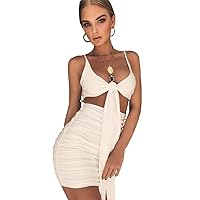 Women's Sexy Bodycon V Neck Backless Pleated Strap Mini Party Club Short Dress