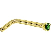 Body Candy Solid 18k Yellow Gold 1.5mm Genuine Emerald L Shaped Nose Stud Ring 18 Gauge 1/4