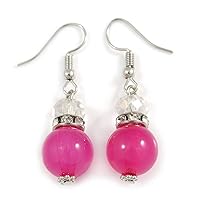 Pink Glass Crystal Drop Earrings In Silver Tone - 40mm L