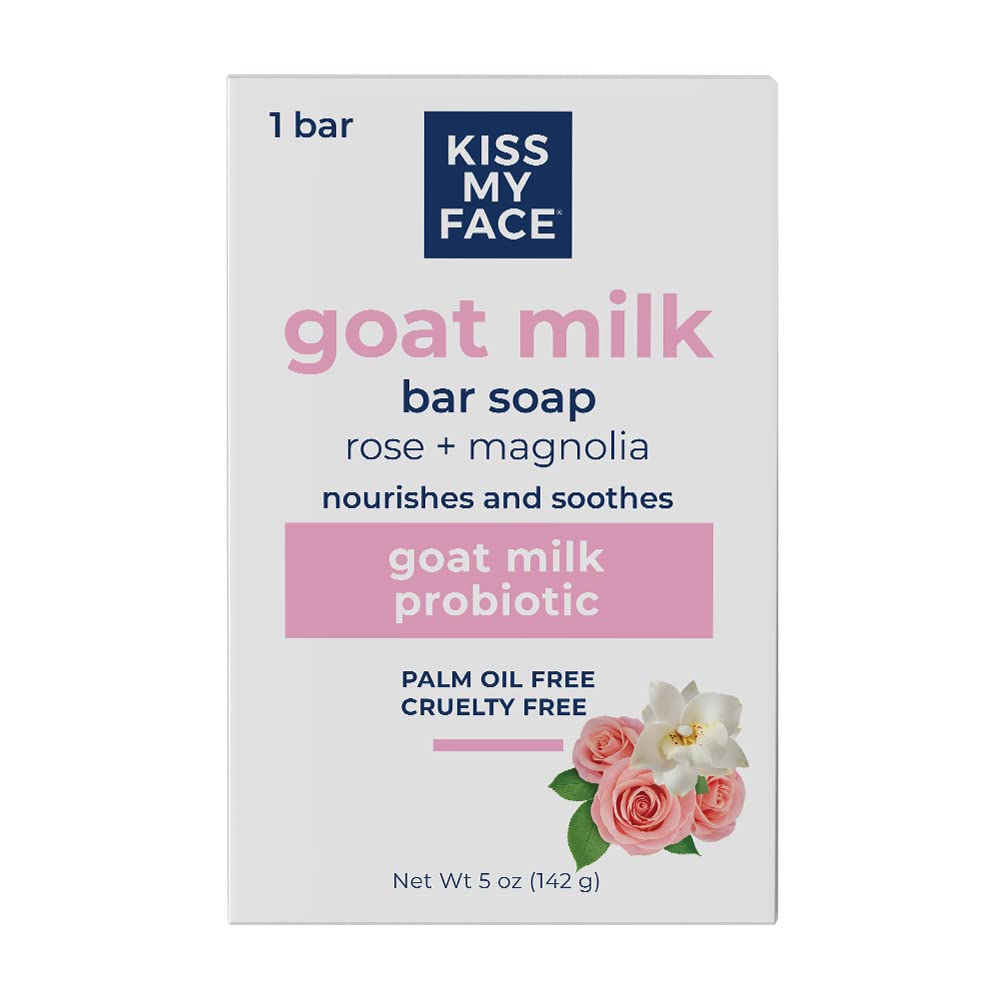 Kiss My Face Goat Milk Bar Soap - Rose + Magnolia - Probiotic Goat Milk Soap Bar - Cruelty Free and Palm Oil Free (Rose + Magnolia, Pack of 1)
