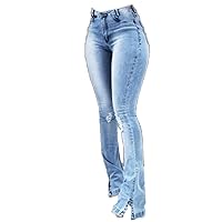 Women's Sexy Slim Fit Slit Flare Jeans High Waisted Ripped Bell Jeans Casual Distressed Bottom Denim Pants