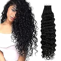 Loose Curly Tape in Human Hair Extension Brazilian Remy Skin Weft Deep Seamless Glue on Color 100g 40pcs (30inch 40Pcs, #Natural Black)