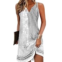 Maxi Dress, Women Summer Bohemian Flower Print Button Up V Neck Midi Long Dress Sleeveless Casual Loose A Line Beach T-Shirt Dresses