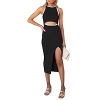 Pink Queen Women's Cutout Crew Neck Sleeveless Tank Slit Ribbed Bodycon Midi Dresses