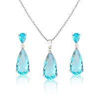 Wedding Jewelry Set for Bridesmaids - Sterling Silver Teardrop CZ Crystal Cubic Zirconia Rhinestone Diamond Bridal Necklace Earrings Set for Bride Mother of Bride Party Prom Birthstone Costume Jewelry