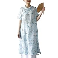 Women's Casual Mandarin Collar Loose Short Sleeve Cheongsam Floral Print Qipao Dresses Light Blue