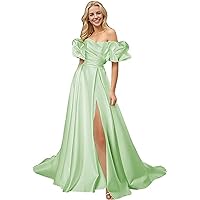 Satin Short Sleeve Prom Dresses for Women Long Ruched Evening Gown with Slit A-Line Formal Party Cocktail Dress