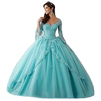 Women's Long Sleeve Lace Applique Quinceanera Dress V Neck Sweet 16 Ball Gowns