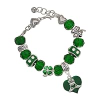 Silvertone Large 2-D Claddagh on Green Heart - Green Irish Luck Bead Charm Bracelet, 7.5