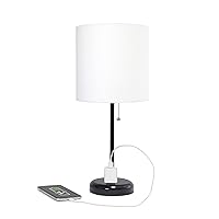Simple Designs LT2024-BAW Black Stick Table Desk Lamp with Charging Outlet and Drum Fabric Shade, White Shade