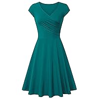 EFOFEI Womens 1950s Cap Sleeve Solid Color Dress Wrap V Neck Cocktail Dress A Line Swing Midi Dresses