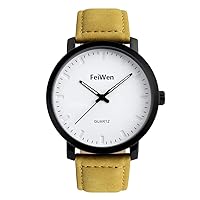 FeiWen Men's Fashion Analogue Quartz Watches Casual Style Black Stainless Steel Dial with Yellow Leather Strap Minimalism Wristwatches, yellow, Strap.