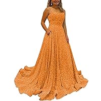 Sparkly Sequin Prom Dresses for Teens 2024 Spaghetti Strap A-Line Formal Evening Party Dress with Pockets