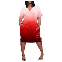 Plus Size Dress Womens 2024 Plus Size Loose Knee Trendy V-Neck Ladies Pocket Breathable Daily Dress