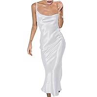 XJYIOEWT Spring Maxi Dresses for Women 2024, Feminine Suspender Satin Dress Solid Color Temperament Slim Fishtail Skirt