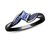 Princess Cut Blue Sapphire Bypass Engagement Ring 14k Black Gold Over .925 Saterling Silver for Women's