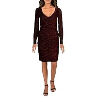 GUESS Womens Red Ruched Zippered Lined Long Sleeve V Neck Above The Knee Party Body Con Dress Petites 14