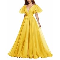 Organza Prom Dresses Long with Puffy Sleeves Deep V-Neck Ball Gown Out Door Bridal Gowns Backless Party Dress