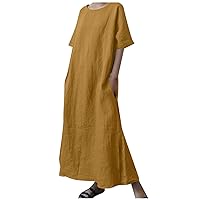 Wedding Dress,Women's Plus Size Cotton Linen Oversized Solid Color Short Sleeve Drawstring Waist Belted Maxi D