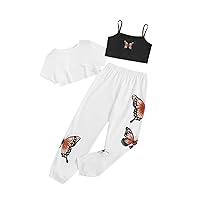 SOLY HUX Girl's Butterfly Print Cami Tops & High Low Hem Short Sleeve T Shirt with Sweatpants 3 Piece